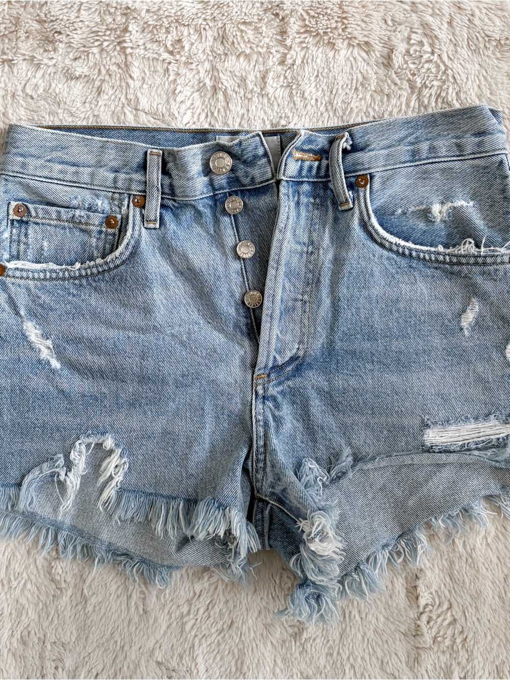 Agolde Distressed Denim Shorts Button Fly Light Wash High Rise 24